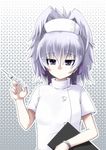  bad_id bad_pixiv_id bracelet darker_than_black hair_ribbon hat highres jewelry kaname_nagi nail_polish nurse nurse_cap purple_eyes purple_nails ribbon silver_hair solo syringe yin 