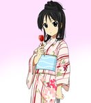  akiyama_mio alternate_hairstyle black_eyes black_hair candy_apple floral_print food japanese_clothes k-on! kimono print_kimono saitoyu00 solo striped vertical-striped_kimono vertical_stripes white_kimono yukata 