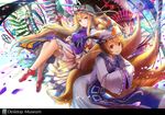  aqua_eyes blonde_hair brown_eyes commentary_request fuji_choko gap hat highres legs long_hair multiple_girls multiple_tails purple_eyes short_hair smile tail touhou yakumo_ran yakumo_yukari 