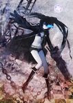  absurdres arm_cannon baraen bikini_top black_hair black_rock_shooter black_rock_shooter_(character) blue_eyes boots burning_eye chain checkered gloves highres jacket long_hair navel shorts solo twintails very_long_hair weapon 