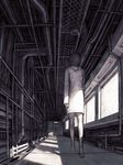  barefoot copyright_request from_behind from_below greyscale hallway highres hood iwai_ryou machine monochrome pipes solo sunlight walking 