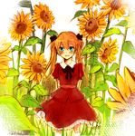  :d apu aqua_eyes arms_behind_back bad_id bad_pixiv_id blush bow brown_hair dress flower frills neon_genesis_evangelion open_mouth orange_hair red_dress shikinami_asuka_langley smile solo souryuu_asuka_langley sunflower twintails younger 