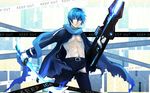  beam_rifle belt black_rock_shooter blue_eyes blue_hair blue_scarf caution_tape energy_gun gun jacket kaito keep_out male_focus nagi_(nightmare-cat) navel parody scarf solo sword vocaloid weapon zipper 