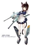  aircraft airplane animal_ears blue_eyes brown_hair cat_ears cat_tail dual_wielding gun holding iron_cross ju_87 legs maid maid_headdress mecha_musume military original short_hair simple_background solo tail weapon world_war_ii zeco 