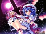  asymmetrical_hair barefoot bat_wings blonde_hair blue_hair chibi etogami_kazuya flandre_scarlet floating full_moon hat highres leg_ribbon looking_at_viewer moon multiple_girls o_o ponytail red_eyes remilia_scarlet ribbon short_hair siblings side_ponytail sisters slit_pupils touhou wallpaper wings wrist_cuffs 