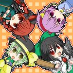  animal_ears black_hair blonde_hair braid cat_ears green_eyes green_hair kaenbyou_rin komeiji_koishi komeiji_satori multiple_girls purple_eyes purple_hair red_eyes red_hair reiuji_utsuho ryuukichi touhou yellow_eyes 