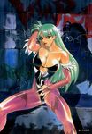  animal_print arm_up bare_shoulders bat_print breasts breasts_apart bridal_gauntlets character_name copyright_name graffiti green_hair hand_on_own_head heart_cutout highleg highleg_leotard inoue_takuya large_breasts legs leotard lipstick long_hair long_legs looking_at_viewer makeup morrigan_aensland no_wings pantyhose print_legwear purple_legwear red_eyes red_lipstick shadow shiny shiny_clothes sideboob sitting slender_waist solo spread_legs thighs traditional_media vampire_(game) 