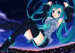  bad_id bad_pixiv_id blush boots detached_sleeves falling hatsune_miku headset long_hair necktie night skirt sky solo thigh_boots thighhighs twintails very_long_hair vocaloid y_(sy20) 