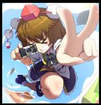  &gt;_&lt; bad_id bad_pixiv_id camera closed_eyes flying foreshortening grin hands hat leaf-pattern_stripe photo_(object) shameimaru_aya smile solo taketora_suzume tokin_hat touhou v 