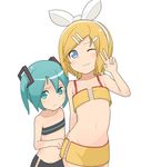  aqua_eyes aqua_hair bad_id bad_pixiv_id blonde_hair child flat_chest hatsune_miku kagamine_rin lowres midriff multiple_girls navel one_eye_closed short_hair simple_background smile tamakorogashi twintails v vocaloid 