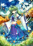  bare_shoulders capura_lin detached_sleeves frog gohei green_hair hair_ornament kochiya_sanae leaf long_hair midriff navel snake solo touhou water yellow_eyes 