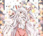 bad_id bad_pixiv_id blush bow fujiwara_no_mokou hair_bow highres long_hair no_bra open_mouth outstretched_arms pants red_eyes sho-1 silver_hair smile solo spread_arms suspenders touhou unbuttoned very_long_hair 