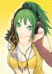  arm_warmers cpux4 earrings green_eyes green_hair headphones jewelry long_coat looking_up nail_polish necklace ponytail purple_nails sleeveless smile solo sonika star tattoo vocaloid zipper 