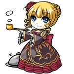  beatrice blonde_hair blue_eyes chibi dress flower full_body hair_flower hair_ornament kiseru pipe red_flower red_rose ribbon rose solo transparent_background umineko_no_naku_koro_ni vetina 