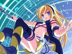  amakara_surume bad_id bad_pixiv_id blonde_hair blue_eyes boots cable cd collar headphones lily_(vocaloid) long_hair microphone microphone_stand midriff miniskirt navel skirt smile solo thigh_boots thighhighs vocaloid 