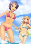  ball beachball bikini blonde_hair blue_eyes blue_hair dark_skin hashi long_hair multiple_girls original polka_dot polka_dot_bikini polka_dot_swimsuit running short_hair splashing striped striped_bikini striped_swimsuit swimsuit twintails wading water yellow_eyes 