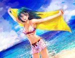  arms_up bikini dutch_angle green_hair long_hair original osamu pink_eyes skirt solo swimsuit towel 