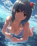  aoyama_sumika bangs barefoot bikini breasts brown_eyes cleavage cloud coffee-kizoku dappled_sunlight day dutch_angle eyebrows_visible_through_hair flower hair_flower hair_ornament highres horizon large_breasts lying ocean original outdoors silver_hair sky solo sunlight swimsuit water wet 