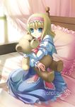  alice_margatroid bed blonde_hair blue_eyes capelet doll doll_hug frilled_pillow frills hairband pillow short_hair solo stuffed_animal stuffed_toy takatsukasa_yue teddy_bear touhou 