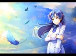  bird blue_hair brown_eyes feathers holding_arm idolmaster idolmaster_(classic) kisaragi_chihaya letterboxed light_smile long_hair pos solo 