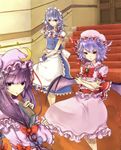  absurdres apron book bow colored_eyelashes crescent eyelashes gloves hair_bow hat highres izayoi_sakuya lavender_eyes lavender_hair long_hair looking_at_viewer maid multiple_girls muso-comet patchouli_knowledge purple_eyes purple_hair red_eyes remilia_scarlet short_hair silver_hair smile touhou tsurime waist_apron 