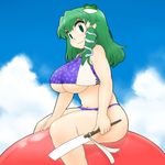  bare_shoulders bikini breasts frog frog_hair_ornament green_eyes green_hair hair_ornament hair_tubes highres kochiya_sanae large_breasts looking_at_viewer navel plump smile snake solo swimsuit touhou ume_(noraneko) underboob 