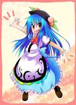  bad_id bad_pixiv_id blue_hair dress fang food fruit hat highres hinanawi_tenshi long_hair mocchii peach red_eyes solo touhou 