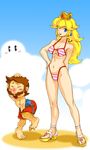  1girl bikini blonde_hair blue_eyes blush_stickers breasts cleavage crown earrings facial_hair highleg highleg_bikini highleg_swimsuit jewelry legs long_hair mario mario_(series) medium_breasts mustache one_eye_closed platform_footwear powudon princess_peach sandals smile striped striped_bikini striped_swimsuit super_mario_bros. swimsuit 