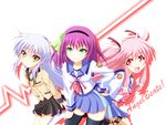  angel_beats! black_legwear blazer blue_hair green_eyes grin hair_ribbon hairband hand_on_hip jacket kaleido_yuki multiple_girls pink_hair pleated_skirt purple_hair red_eyes ribbon school_uniform skirt smile tenshi_(angel_beats!) thigh_strap thighhighs yellow_eyes yui_(angel_beats!) yuri_(angel_beats!) zettai_ryouiki 