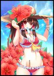  akeboshi_kagayo arms_up ascot bad_id bad_pixiv_id bikini bow bracelet breasts brown_hair cleavage flower food frilled_swimsuit frills groin hair_bow hakurei_reimu hands_on_headwear hat hibiscus jewelry lowleg lowleg_bikini medium_breasts mouth_hold popsicle red_eyes solo standing staring sun_hat swimsuit touhou water_drop 