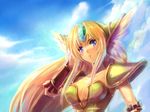  armor blonde_hair blue_eyes breasts cleavage cloud day edobox forehead_jewel long_hair medium_breasts riesz seiken_densetsu seiken_densetsu_3 shoulder_pads sky solo 