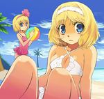  alice_margatroid alice_margatroid_(pc-98) ball beach beachball bikini blonde_hair blue_eyes bow day dual_persona hair_bow hairband knees multiple_girls one-piece_swimsuit palm_tree pink_hairband short_hair swimsuit time_paradox touhou touhou_(pc-98) tree yuu_(kfc) 