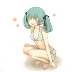  aqua_hair aqua_nails bad_id bad_pixiv_id barefoot bikini blush closed_eyes colored_eyelashes eyelashes full_body hair_ornament hair_ribbon halterneck hatsune_miku long_hair mizutamako nail_polish ribbon simple_background smile solo squatting striped striped_bikini striped_swimsuit swimsuit twintails vocaloid 