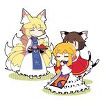  animal_ears bow cat_ears cat_tail chen chibi fox_ears fox_tail hair_bow japanese_clothes multiple_girls multiple_tails mzh no_hat no_headwear short_hair simple_background tail touhou yakumo_ran yakumo_yukari 