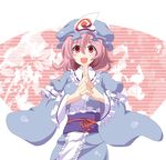  :d be_(o-hoho) blush excited hands_clasped happy hat japanese_clothes obi open_mouth own_hands_together pink_eyes pink_hair pointing saigyouji_yuyuko sash short_hair smile solo touhou 