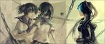  bad_id bad_pixiv_id bikini_top black_hair black_rock_shooter black_rock_shooter_(character) burning_eye chain checkered cocoons drill_hair from_behind green_hair grey_eyes jacket kuroi_mato leaning long_hair multiple_girls school_uniform star takanashi_yomi twin_drills twintails 