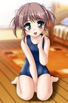  asagiri_mai brown_hair green_eyes kneeling neopure one-piece_swimsuit school_swimsuit short_hair solo swimsuit twintails yoake_mae_yori_ruri_iro_na 