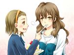  blush brown_eyes brown_hair cake doily edasaki_banri feeding food fork fork_in_mouth fruit hairband kiyama_harumi long_hair multiple_girls piku plate school_uniform serafuku short_hair slice_of_cake strawberry strawberry_shortcake to_aru_kagaku_no_railgun to_aru_majutsu_no_index 