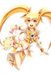  blonde_hair boots bow choker cure_sunshine hair_ribbon heart heartcatch_precure! high_heels hokuyuu instrument knee_boots long_hair magical_girl midriff myoudouin_itsuki navel open_mouth orange_bow orange_choker precure ribbon shiny_tambourine shoes skirt solo tambourine twintails white_background wrist_cuffs yellow_bow yellow_eyes yellow_skirt 