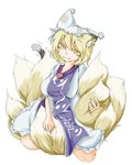  animal_ears bacho blonde_hair blush blush_stickers breasts cat_tail chen commentary earrings fangs fox_ears fox_tail hat jewelry kneeling medium_breasts messy_hair multiple_girls multiple_tails tail touhou yakumo_ran yellow_eyes 