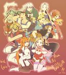  5girls art_brush bandana bartholomew_fatima billy_lee_black blonde_hair cape celes_chere chu_chu_(xenogears) crossover earrings edgar_roni_figaro elhaym_van_houten emerada_(xenogears) fei_fong_wong final_fantasy final_fantasy_vi green_hair jewelry lock_cole long_hair mog multiple_boys multiple_girls orange_hair paintbrush palette pantyhose ponytail relm_arrowny sakazakimay short_hair smile tina_branford torn_clothes white_hair xenogears 