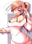  bad_id bad_pixiv_id bare_shoulders blush brown_eyes brown_hair casual fang futami_mami hair_ribbon highres idolmaster idolmaster_(classic) idolmaster_2 natsu_(anta_tte_hitoha) one_eye_closed ribbon side_ponytail smile solo spaghetti_strap sweater 