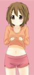  bad_id bad_pixiv_id brown_eyes brown_hair fujiwara_gacho highres hirasawa_yui k-on! midriff navel shirt_lift short_hair shorts solo 