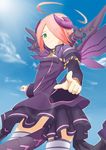  ahoge ar_ru ar_tonelico ar_tonelico_iii bad_id bad_pixiv_id bracelet choker day dragon flat_chest green_eyes hair_over_one_eye horns jewelry pink_hair pointing purple_legwear short_hair sky solo tail thighhighs tsuki_no_usagi wings 