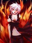  blush breasts cleavage fire genderswap genderswap_(mtf) grune highres holding_arm homura_(sekirei) medium_breasts midriff open_mouth red_eyes sekirei silver_hair solo torn_clothes 