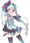  bad_id bad_pixiv_id blush bow detached_sleeves fang green_eyes green_hair hair_bow hatsune_miku headphones highres komiya_hitoma long_hair microphone necktie open_mouth simple_background skirt solo thighhighs twintails very_long_hair vocaloid 