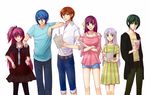  3girls angel_beats! asymmetrical_hair bad_id bad_pixiv_id blue_eyes blue_hair book brown_eyes brown_hair casual green_eyes green_hair hagiwara_(enchantment) hinata_(angel_beats!) long_hair multiple_boys multiple_girls naoi_ayato otonashi_(angel_beats!) pantyhose purple_eyes purple_hair short_hair side_ponytail silver_hair tenshi_(angel_beats!) yellow_eyes yui_(angel_beats!) yuri_(angel_beats!) 