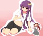  bad_id bad_pixiv_id bat_wings bike_shorts blush crescent crescent_hair_ornament hair_ornament hamu_(i33095) head_wings koakuma long_hair multiple_girls navel patchouli_knowledge purple_eyes purple_hair red_hair touhou wings 