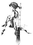  boots copyright_request from_behind full_body gloves greyscale looking_back monochrome polearm short_hair solo sousou_(sousouworks) spear weapon 