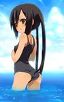  black_hair brown_eyes cloud day k-on! looking_back nakano_azusa ocean one-piece_swimsuit open_mouth school_swimsuit sky solo sora_to_umi swimsuit twintails 